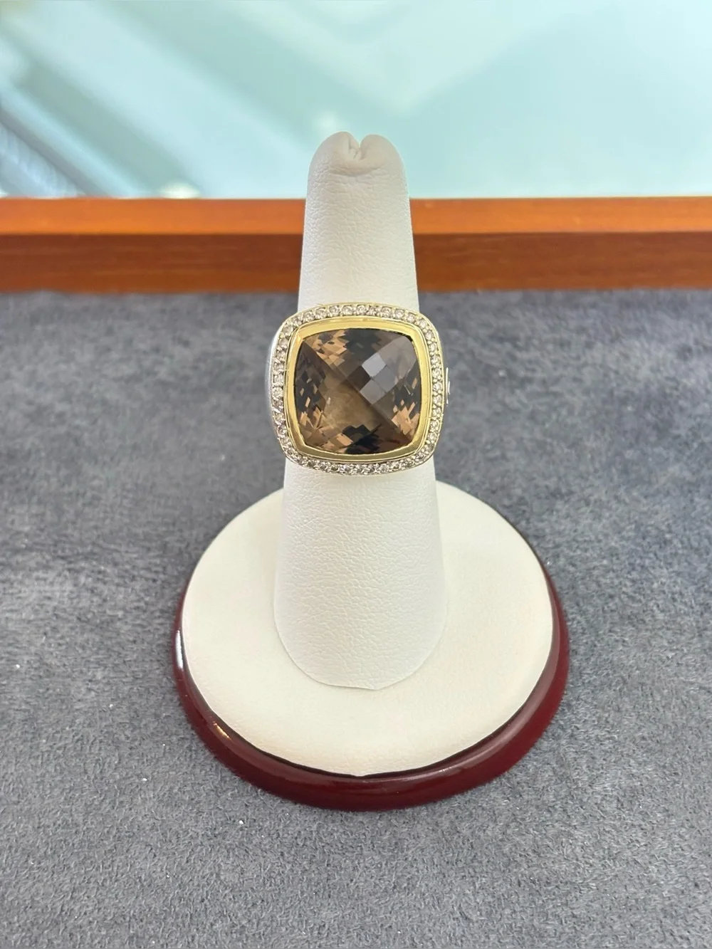 David Yurman 925 & 18k Gold 14mm Albion Ring with Smoky Quartz & Diamonds 7